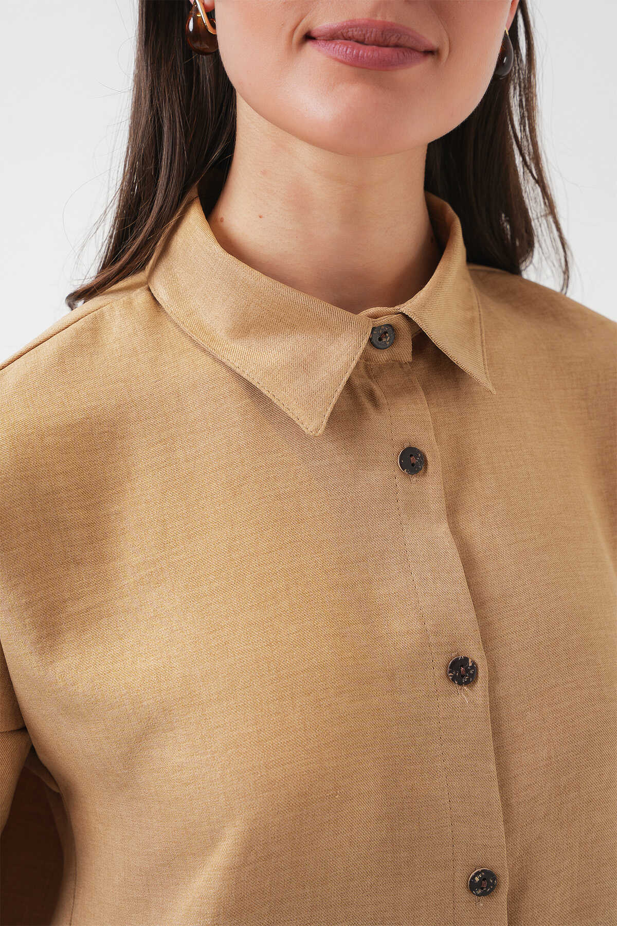 Kadın Camel Oversize Keten Alt Üst Takım 6622 - 6