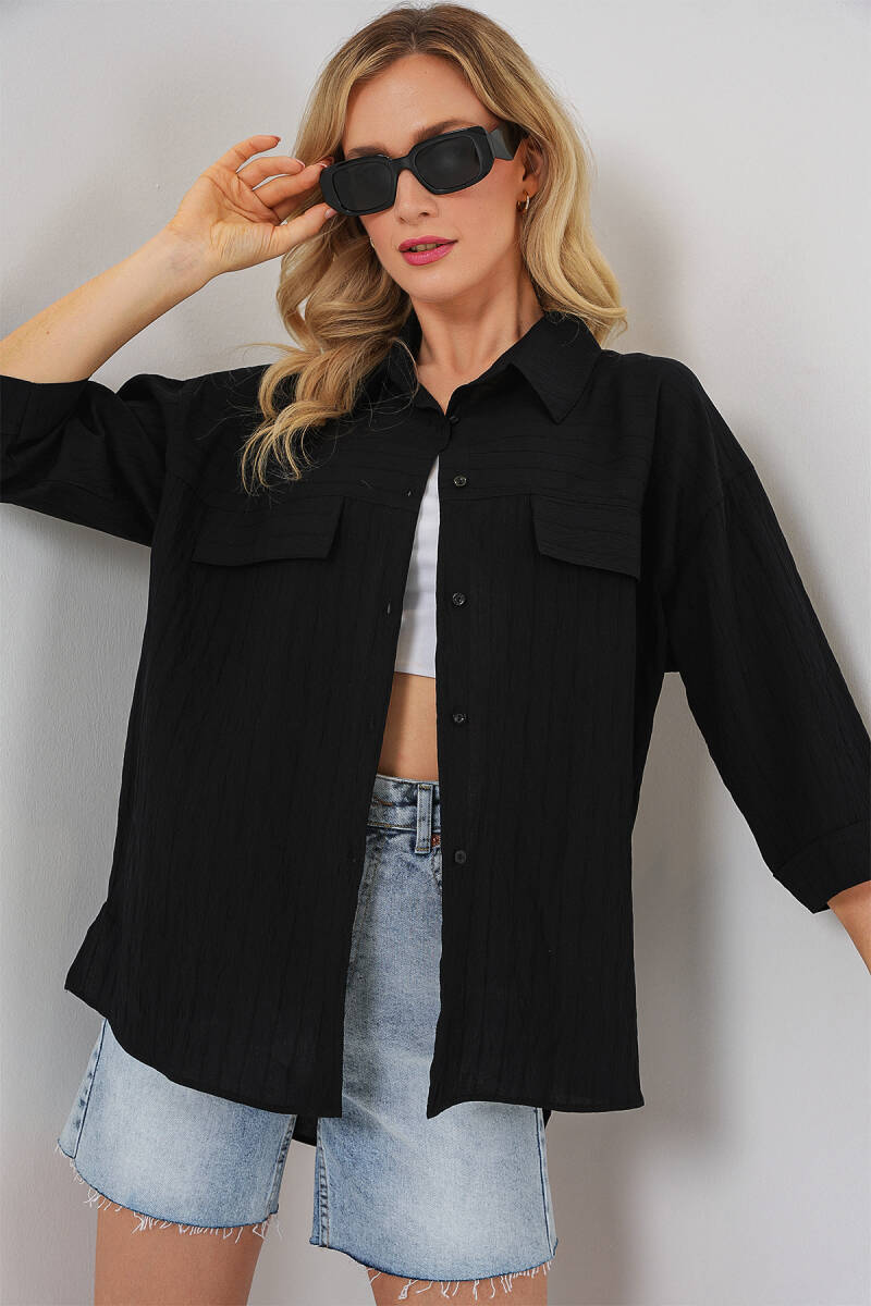 Kadın Cep Detaylı Kısa Kol Gömlek 20317 - Siyah - BİGDART