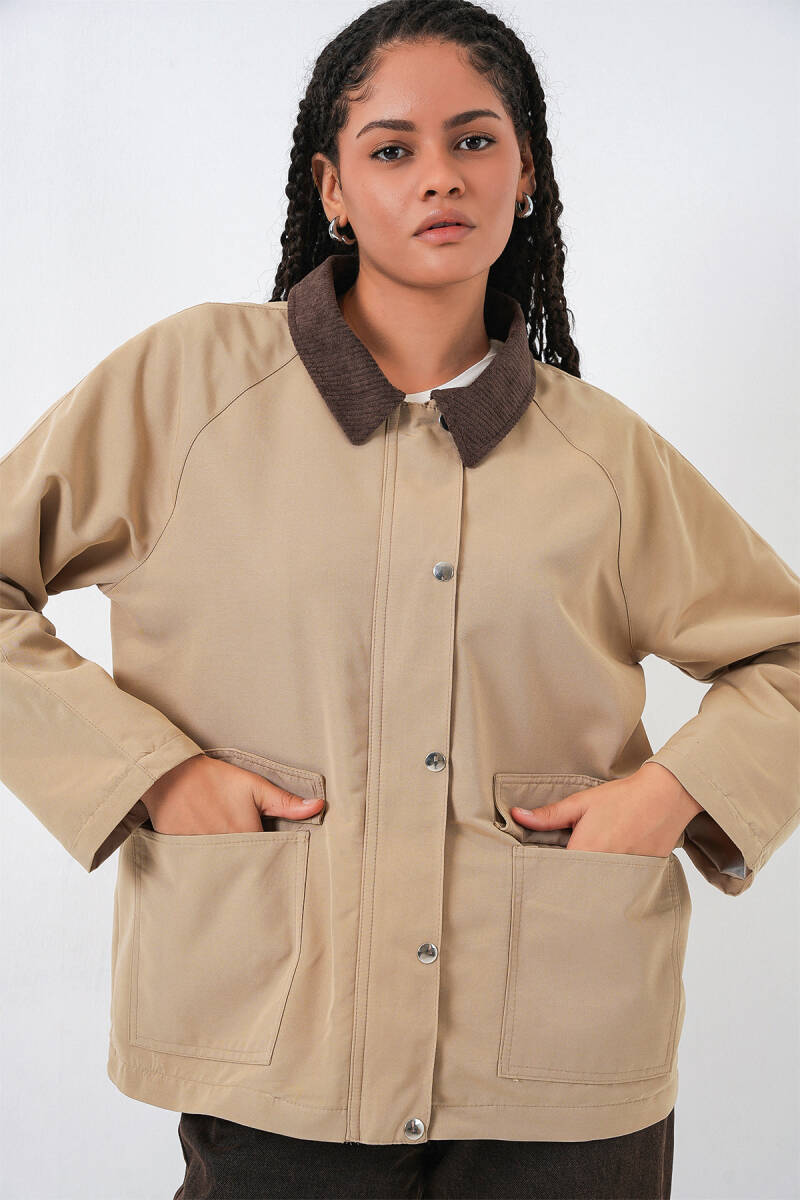 Kadın Cep Detaylı Oversize Ceket 5973 - Bej - BİGDART