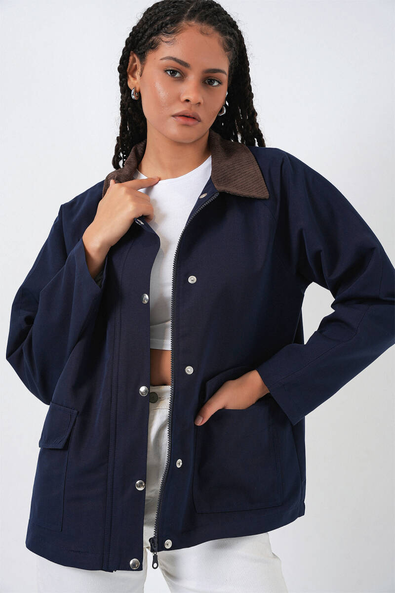 Kadın Cep Detaylı Oversize Ceket 5973 - Lacivert - BİGDART