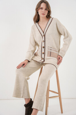 Kadın Cepli Hırka Triko İkili Takım 15964 - Ekru - BİGDART