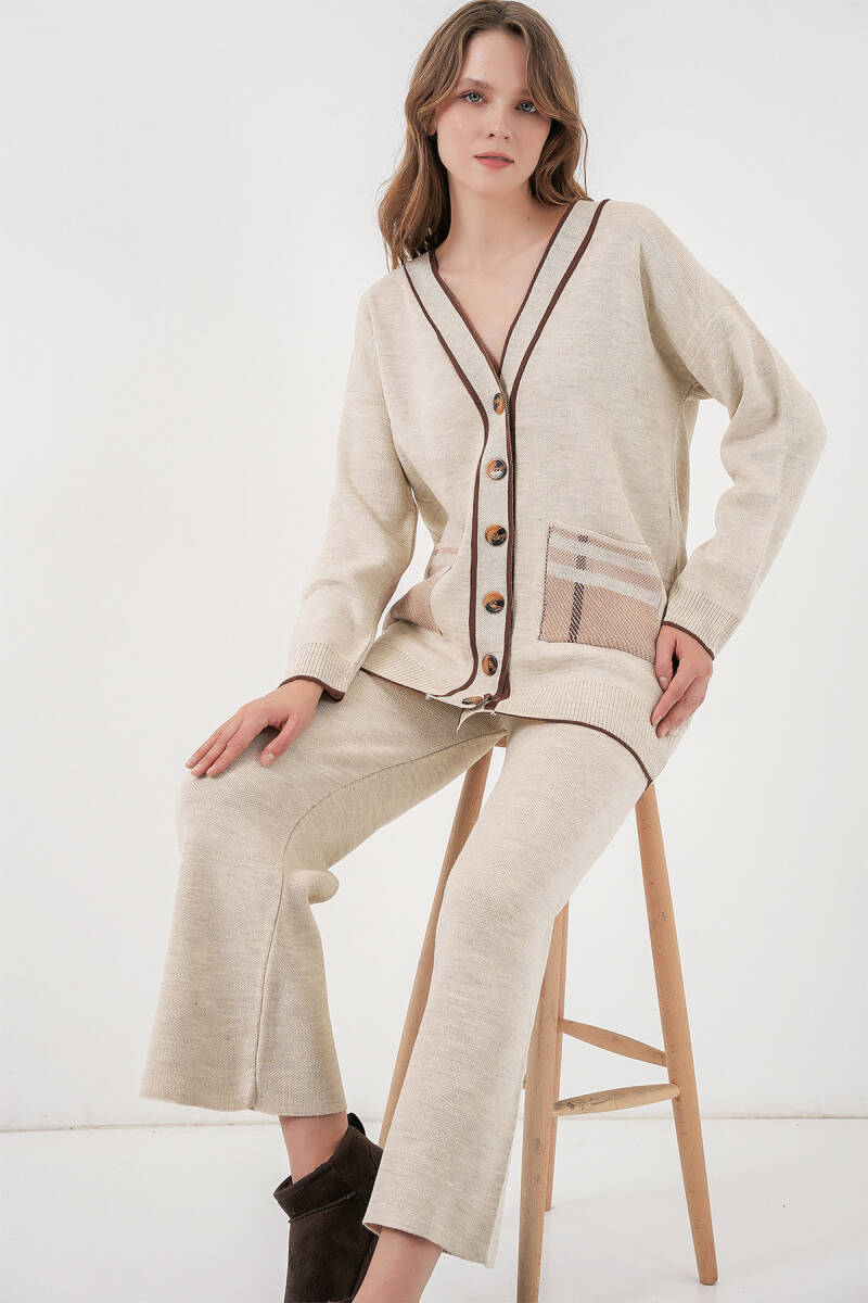 Kadın Cepli Hırka Triko İkili Takım 15964 - Ekru - BİGDART