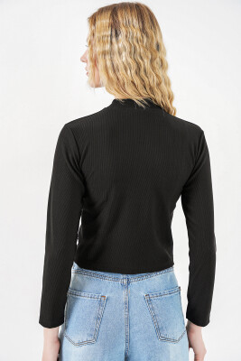 Kadın Çiçekli Örme Bluz 978 - Siyah - 5