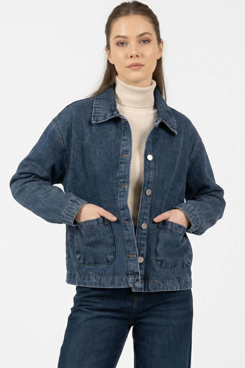 Kadın Çift Cepli Denim Ceket 0731 - Lacivert - BİGDART