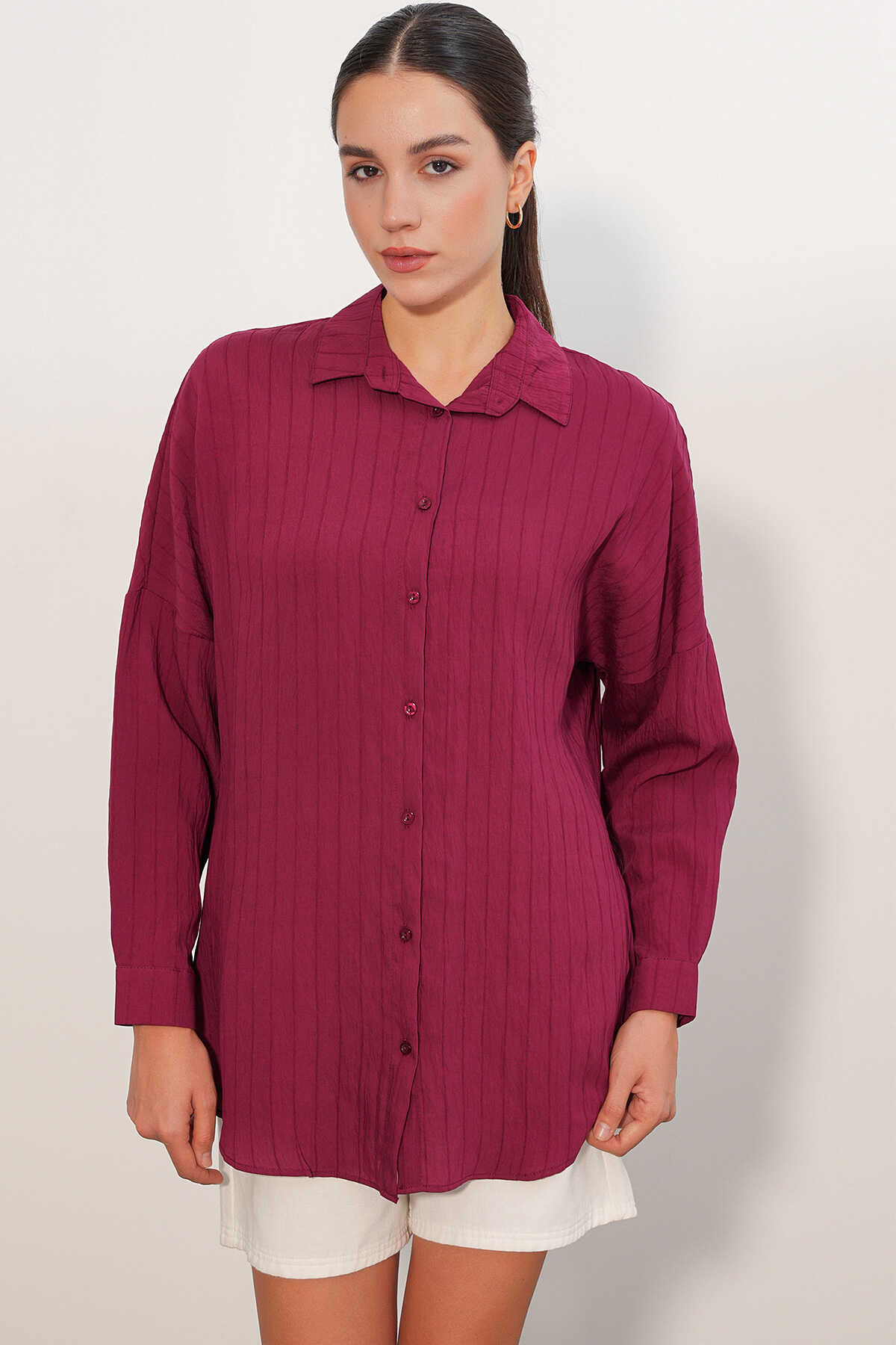 Kadın Çizgi Detaylı Oversize Gömlek 20407 - Bordo - 1