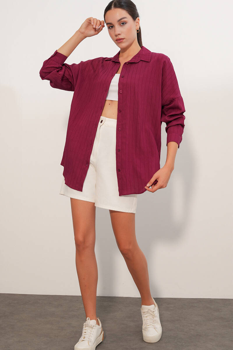 Kadın Çizgi Detaylı Oversize Gömlek 20407 - Bordo (1)