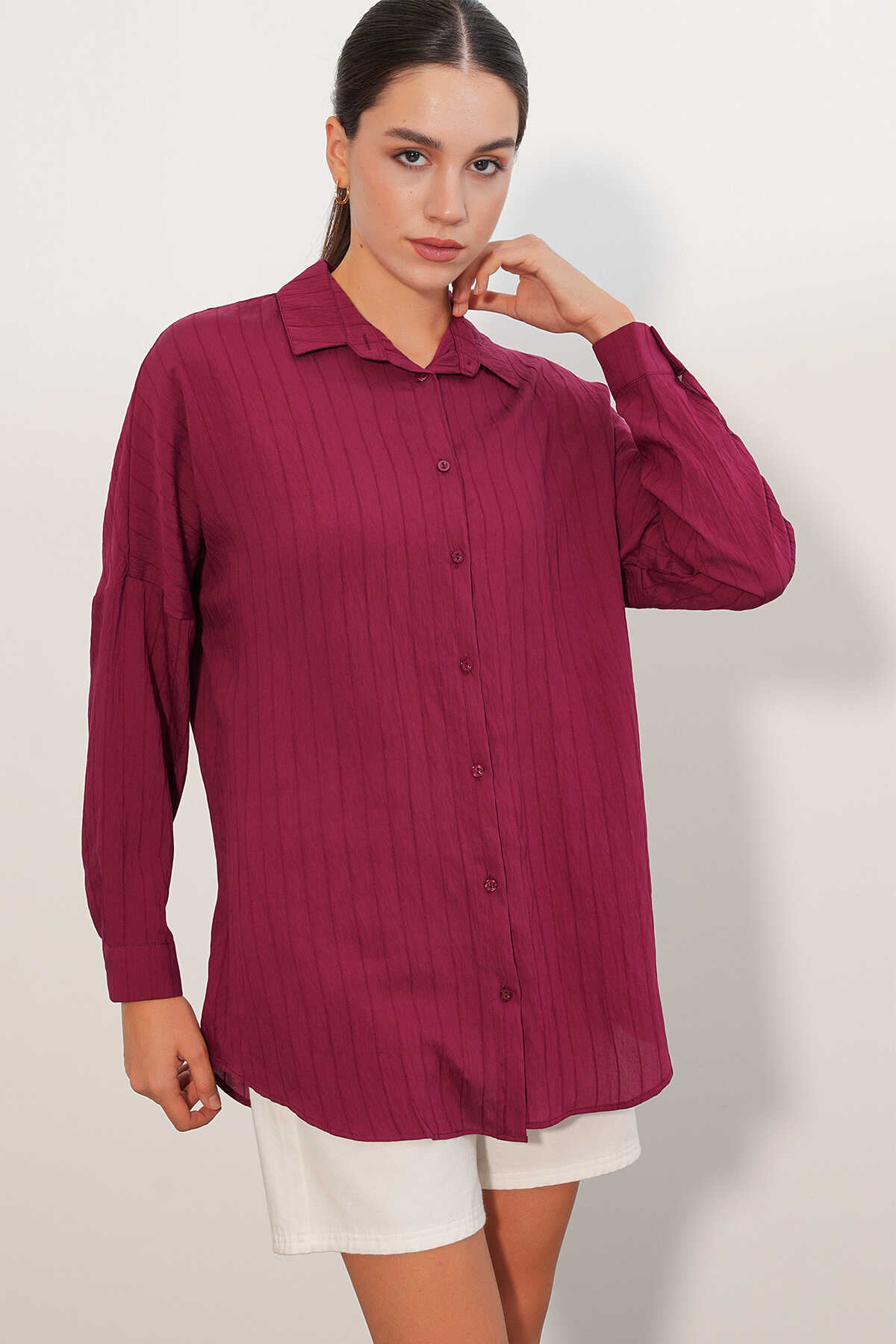 Kadın Çizgi Detaylı Oversize Gömlek 20407 - Bordo - 3