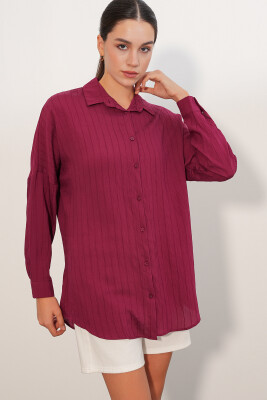 Kadın Çizgi Detaylı Oversize Gömlek 20407 - Bordo - 3