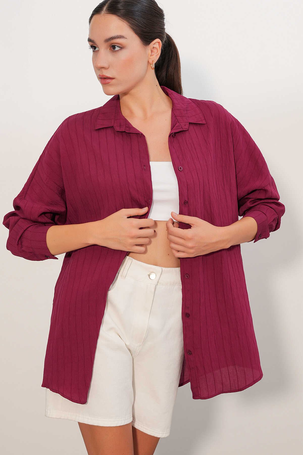 Kadın Çizgi Detaylı Oversize Gömlek 20407 - Bordo - 4