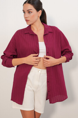 Kadın Çizgi Detaylı Oversize Gömlek 20407 - Bordo - 4