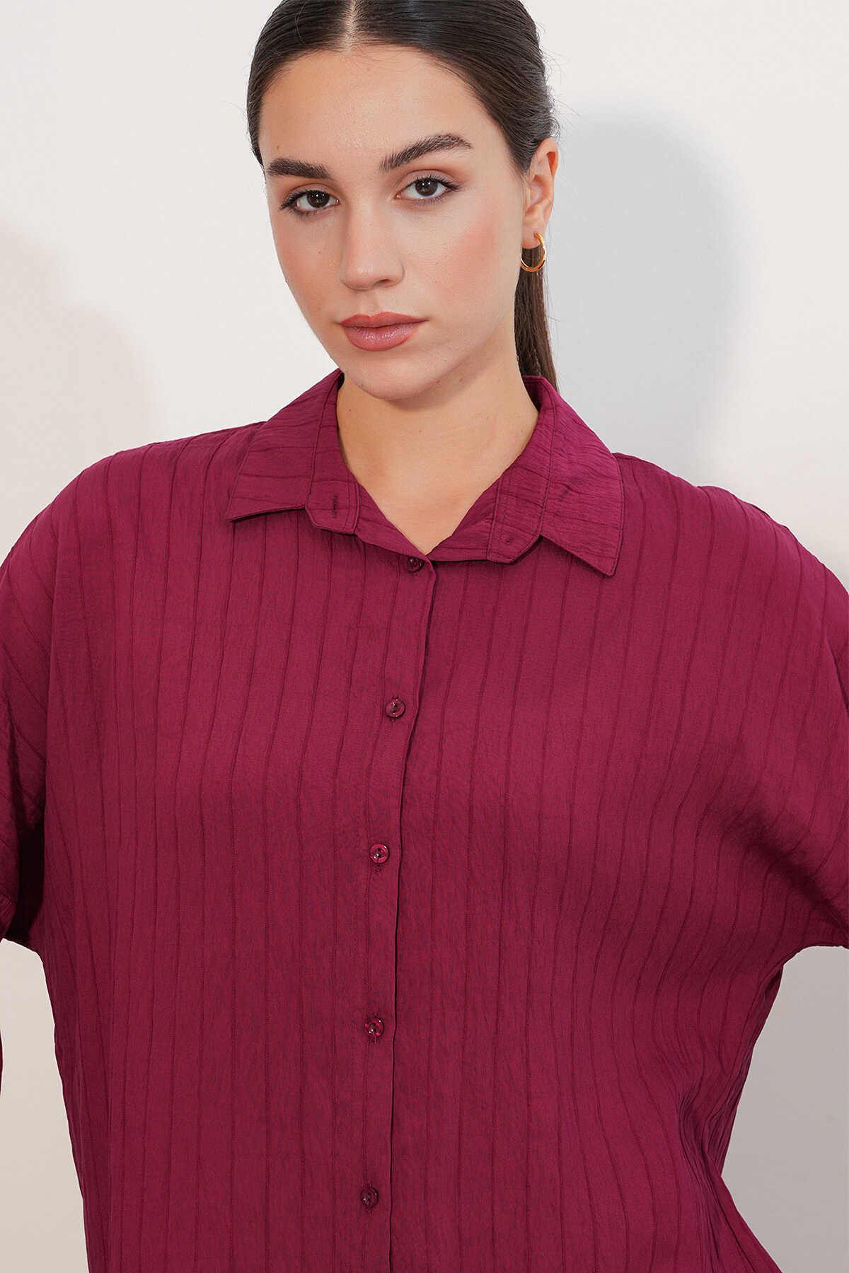 Kadın Çizgi Detaylı Oversize Gömlek 20407 - Bordo - 5