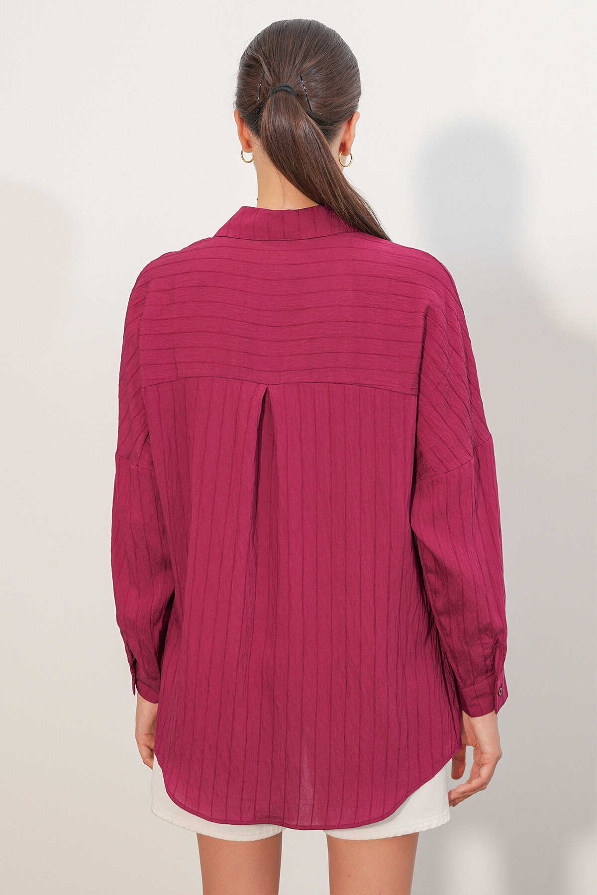 Kadın Çizgi Detaylı Oversize Gömlek 20407 - Bordo - 6