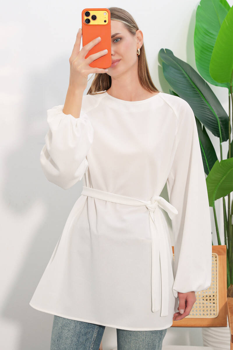 Kadın Çizgili Bağcıklı Oversize Tunik 50009 - Beyaz - BİGDART