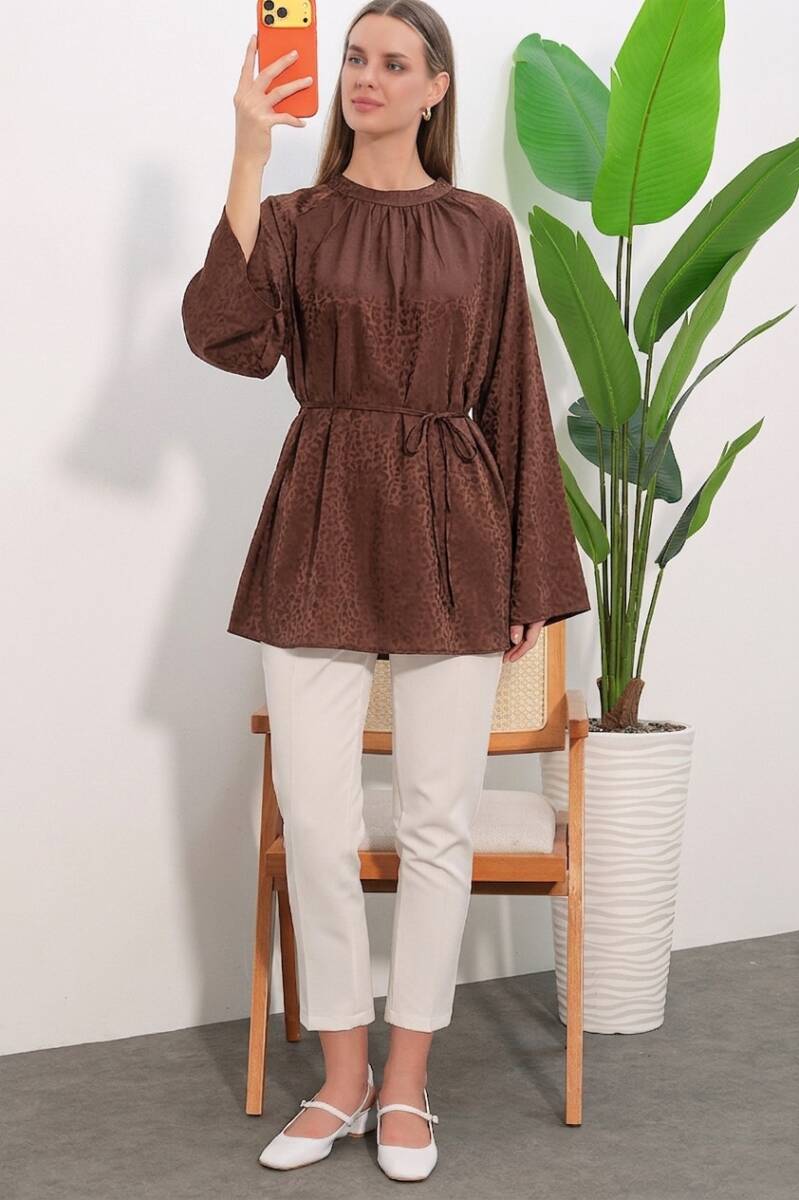 Kadın Çizgili Bağcıklı Oversize Tunik 50009 - Kahverengi - BİGDART