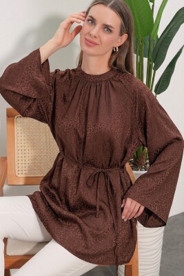 Kadın Çizgili Bağcıklı Oversize Tunik 50009 - Kahverengi - 2