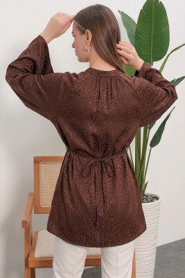 Kadın Çizgili Bağcıklı Oversize Tunik 50009 - Kahverengi - 3