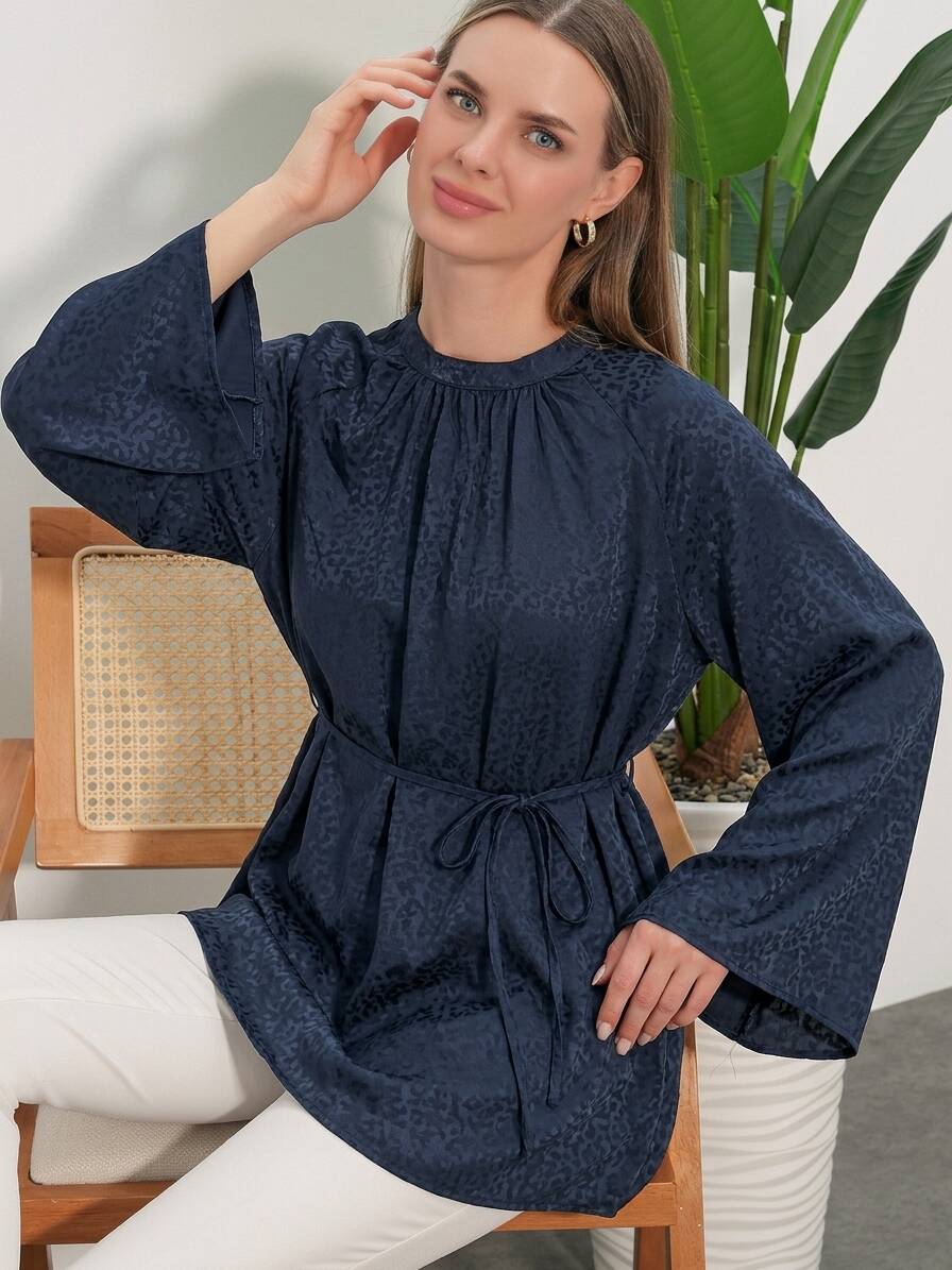 Kadın Çizgili Bağcıklı Oversize Tunik 50009 - Lacivert - BİGDART