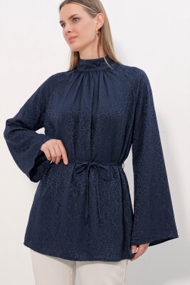 Kadın Çizgili Bağcıklı Oversize Tunik 50009 - Lacivert - 2