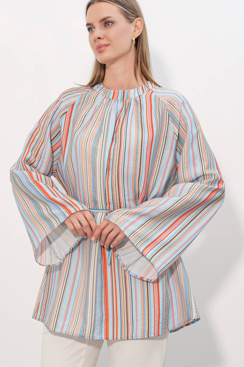 Kadın Çizgili Bağcıklı Oversize Tunik 50009 - Mavi - BİGDART