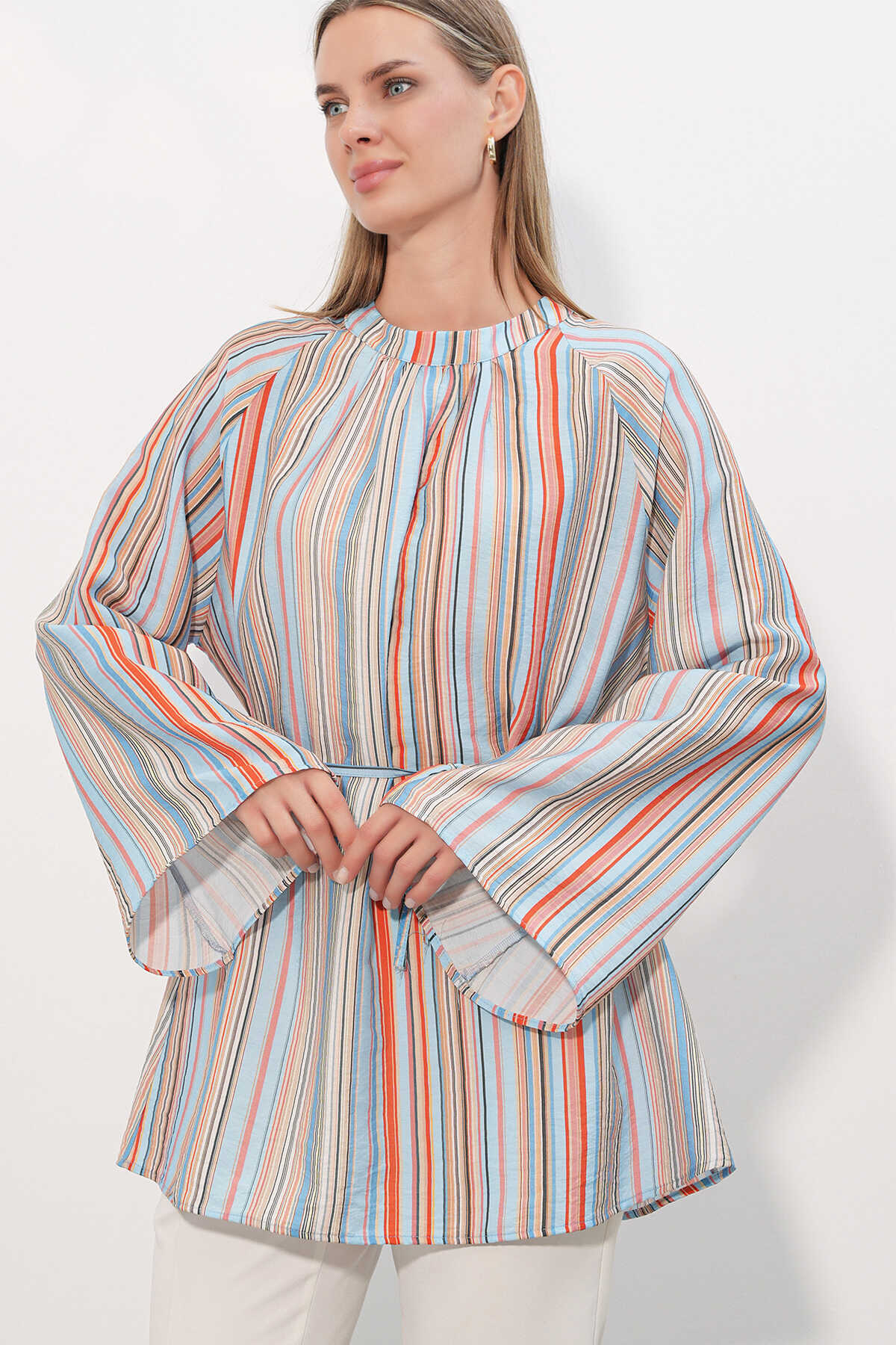 Kadın Çizgili Bağcıklı Oversize Tunik 50009 - Mavi - 1