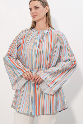 Kadın Çizgili Bağcıklı Oversize Tunik 50009 - Mavi - 1