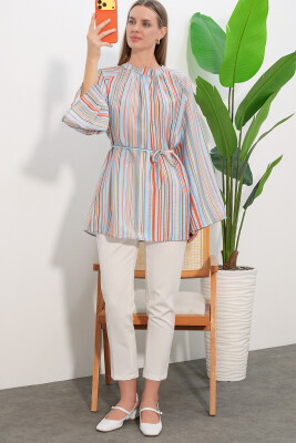 Kadın Çizgili Bağcıklı Oversize Tunik 50009 - Mavi - 2