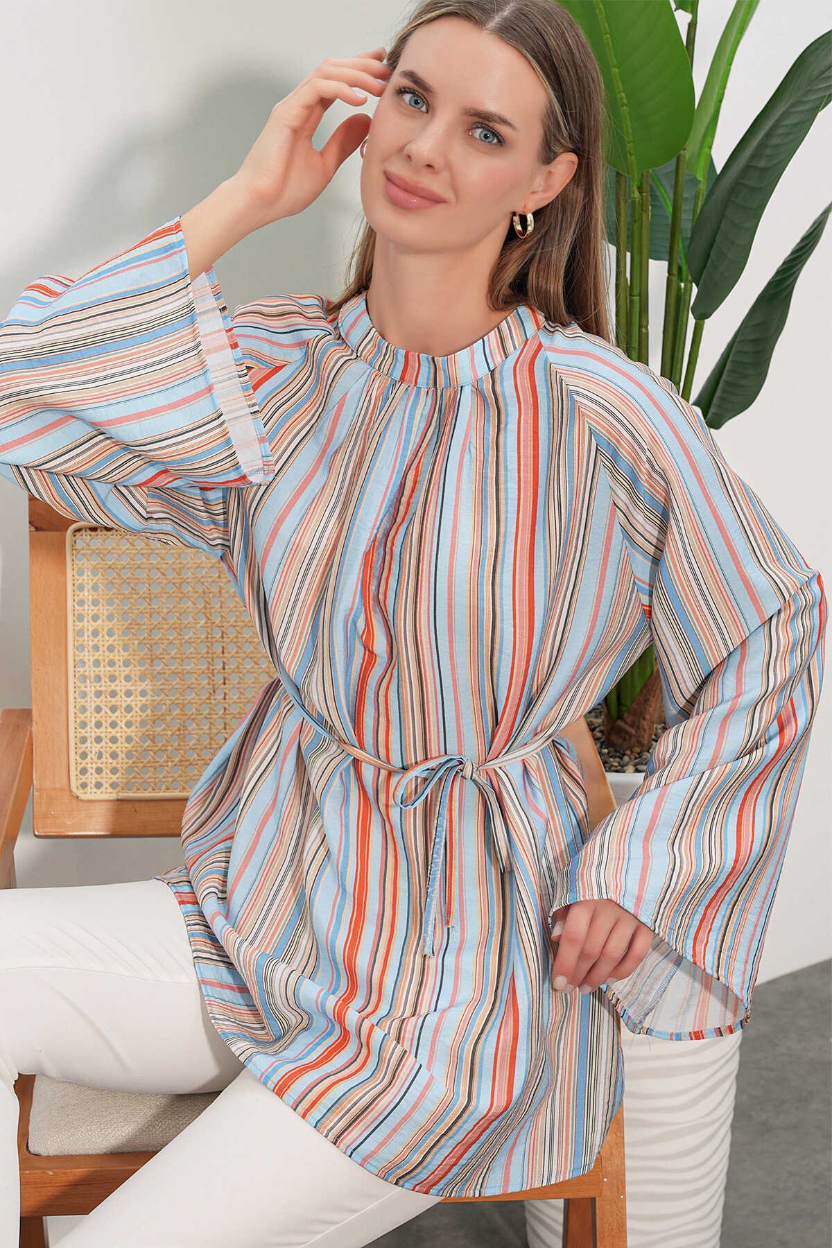 Kadın Çizgili Bağcıklı Oversize Tunik 50009 - Mavi - 3