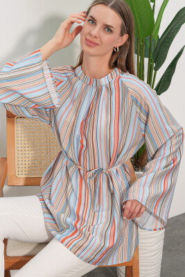 Kadın Çizgili Bağcıklı Oversize Tunik 50009 - Mavi - 3