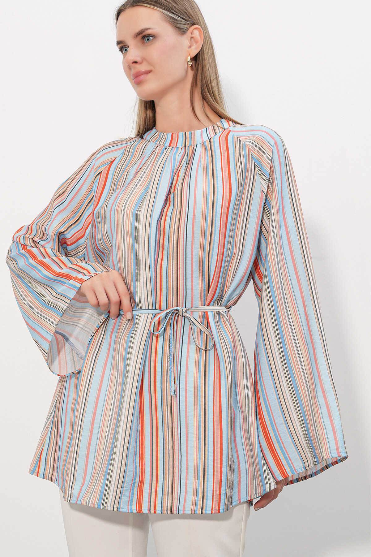 Kadın Çizgili Bağcıklı Oversize Tunik 50009 - Mavi - 4