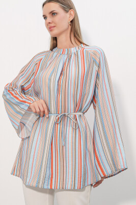 Kadın Çizgili Bağcıklı Oversize Tunik 50009 - Mavi - 4