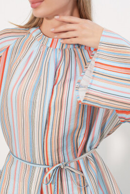 Kadın Çizgili Bağcıklı Oversize Tunik 50009 - Mavi - 5