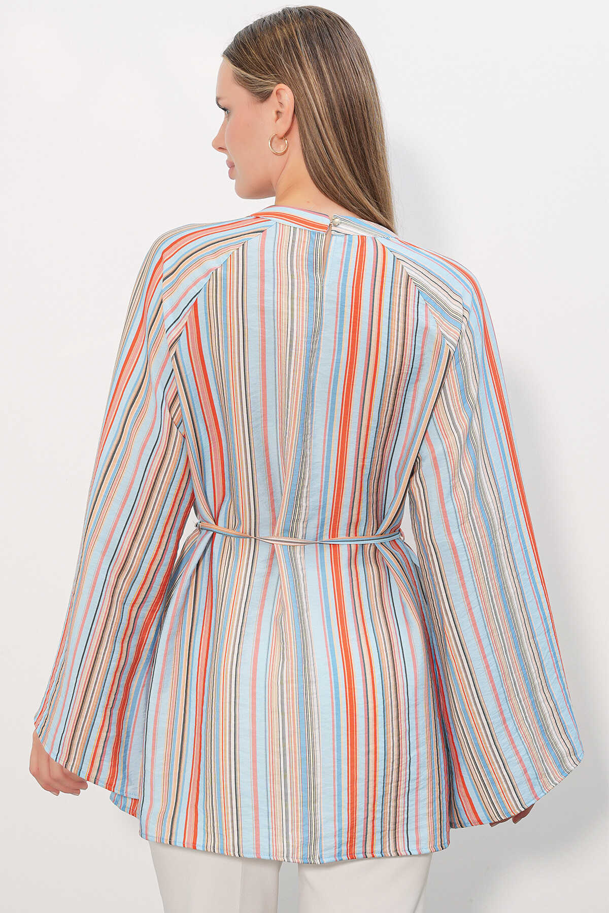 Kadın Çizgili Bağcıklı Oversize Tunik 50009 - Mavi - 6