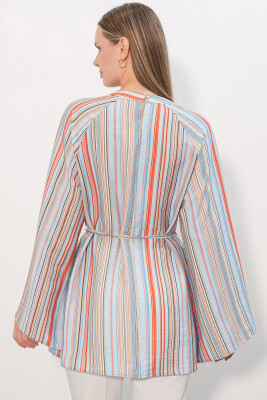 Kadın Çizgili Bağcıklı Oversize Tunik 50009 - Mavi - 6