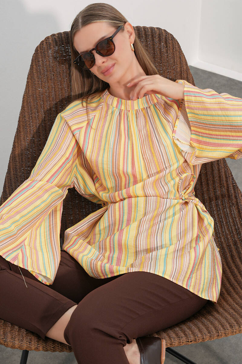Kadın Çizgili Bağcıklı Oversize Tunik 50009 - Sarı - BİGDART