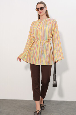 Kadın Çizgili Bağcıklı Oversize Tunik 50009 - Sarı - 2