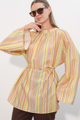Kadın Çizgili Bağcıklı Oversize Tunik 50009 - Sarı - 3