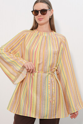 Kadın Çizgili Bağcıklı Oversize Tunik 50009 - Sarı - 4