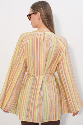 Kadın Çizgili Bağcıklı Oversize Tunik 50009 - Sarı - 6