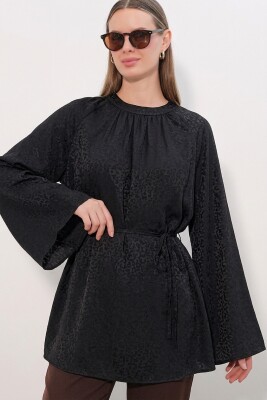 Kadın Çizgili Bağcıklı Oversize Tunik 50009 - Siyah - BİGDART