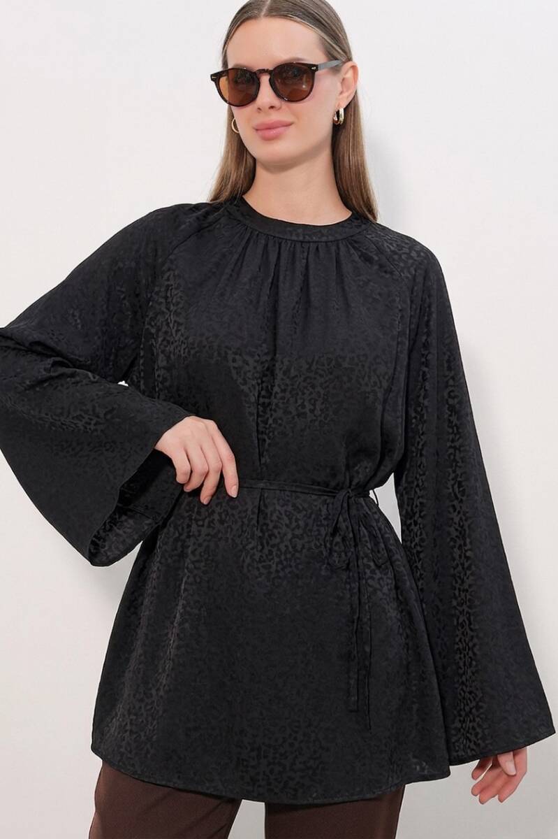 Kadın Çizgili Bağcıklı Oversize Tunik 50009 - Siyah - BİGDART