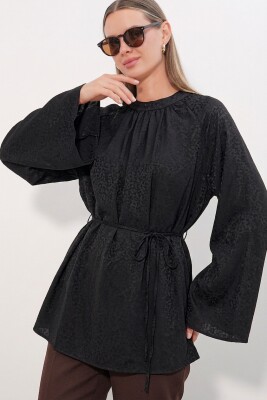 Kadın Çizgili Bağcıklı Oversize Tunik 50009 - Siyah - 2