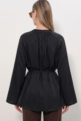 Kadın Çizgili Bağcıklı Oversize Tunik 50009 - Siyah - 3