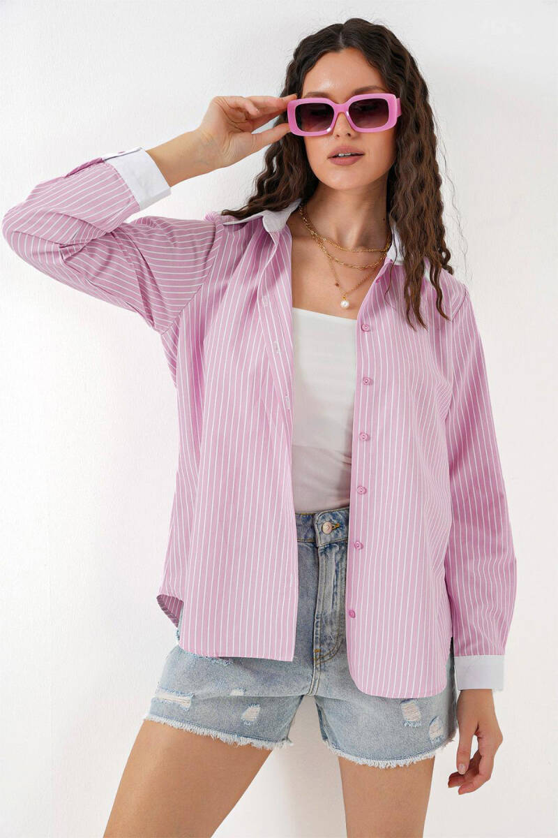 Kadın Çizgili Gömlek 20288 - Pembe - BİGDART