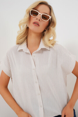 Kadın Çizgili Kısa Kol Gömlek 20324 - Krem 