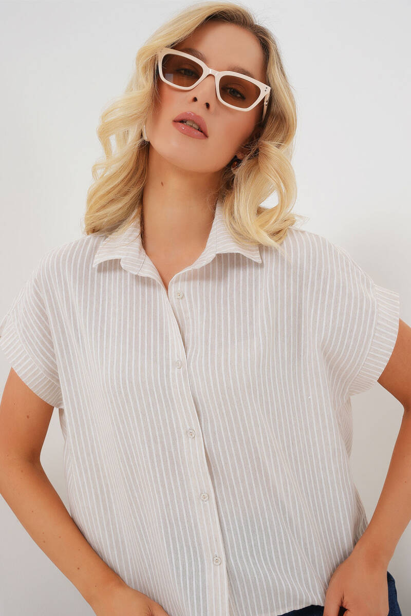 Kadın Çizgili Kısa Kol Gömlek 20324 - Krem - BİGDART