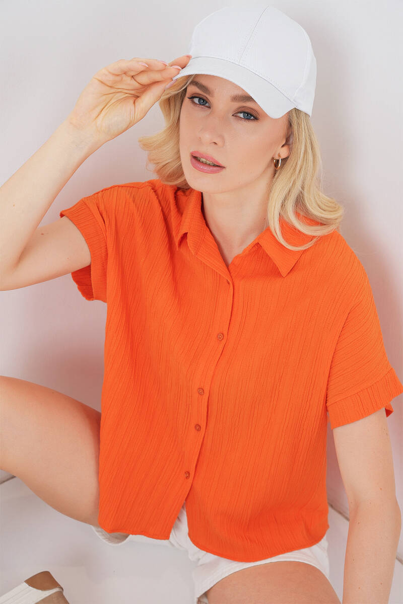 Kadın Çizgili Kısa Kol Gömlek 20324 - Turuncu - BİGDART