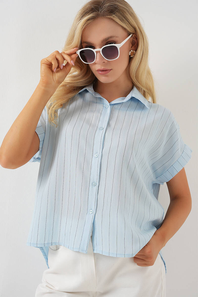 Kadın Çizgili Kısa Kol Gömlek 20327 - Mavi - BİGDART