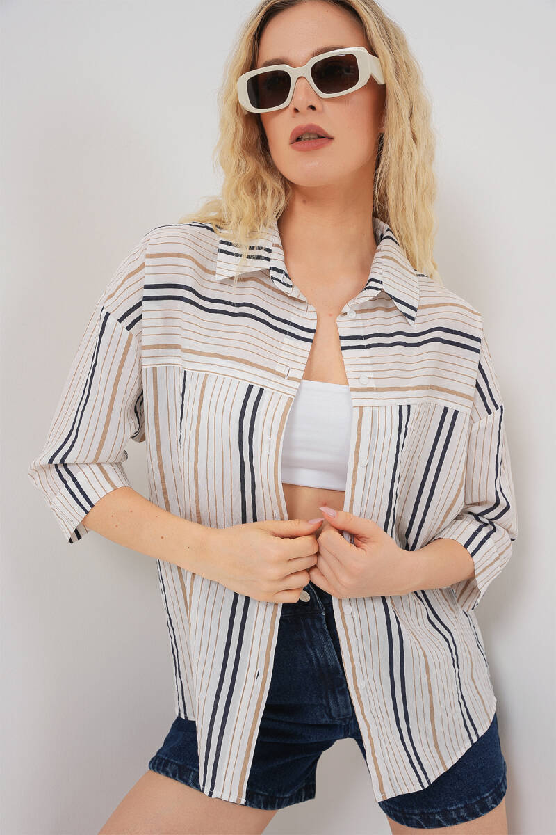 Kadın Çizgili Kısa Kol Gömlek 20344 - Bej - BİGDART