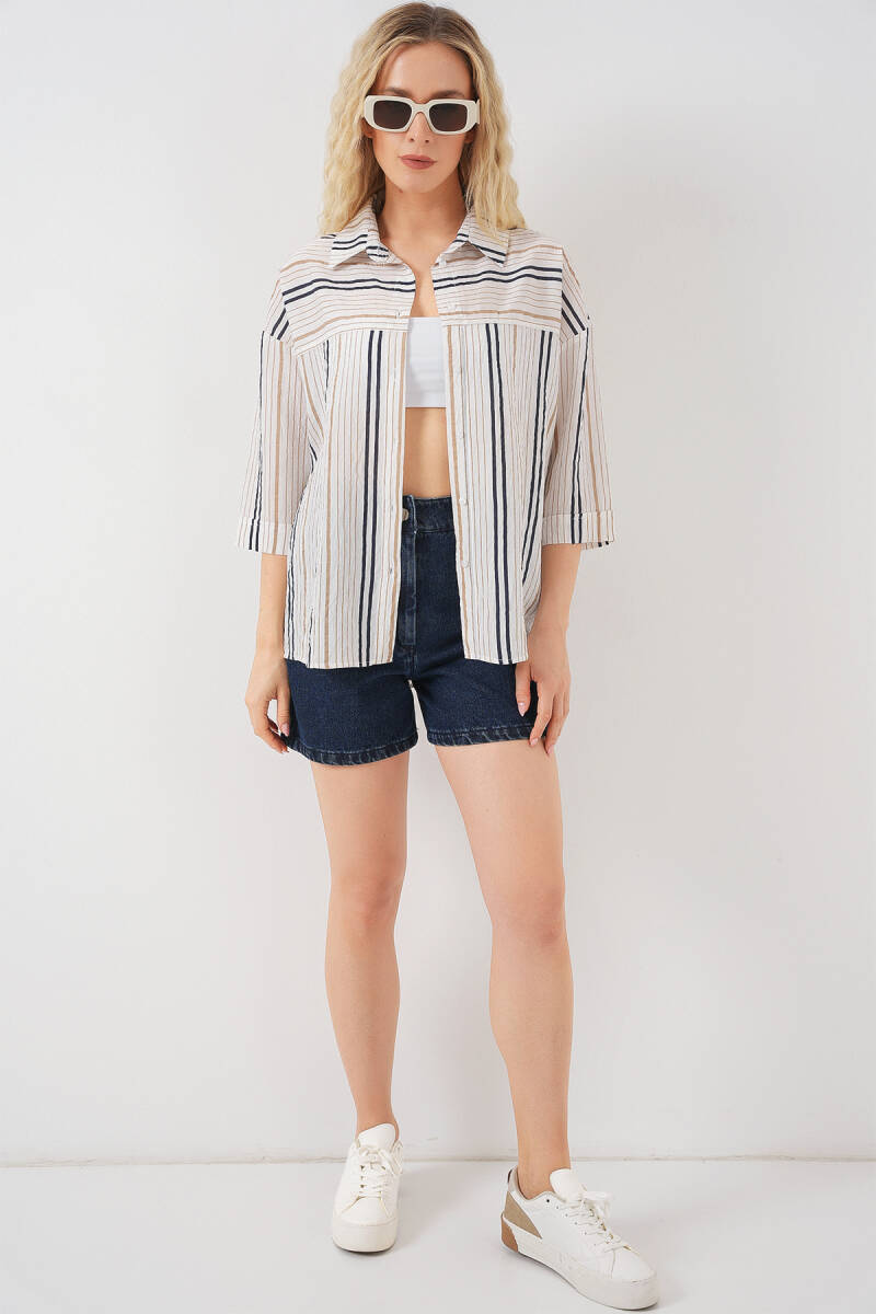 Kadın Çizgili Kısa Kol Gömlek 20344 - Bej (1)
