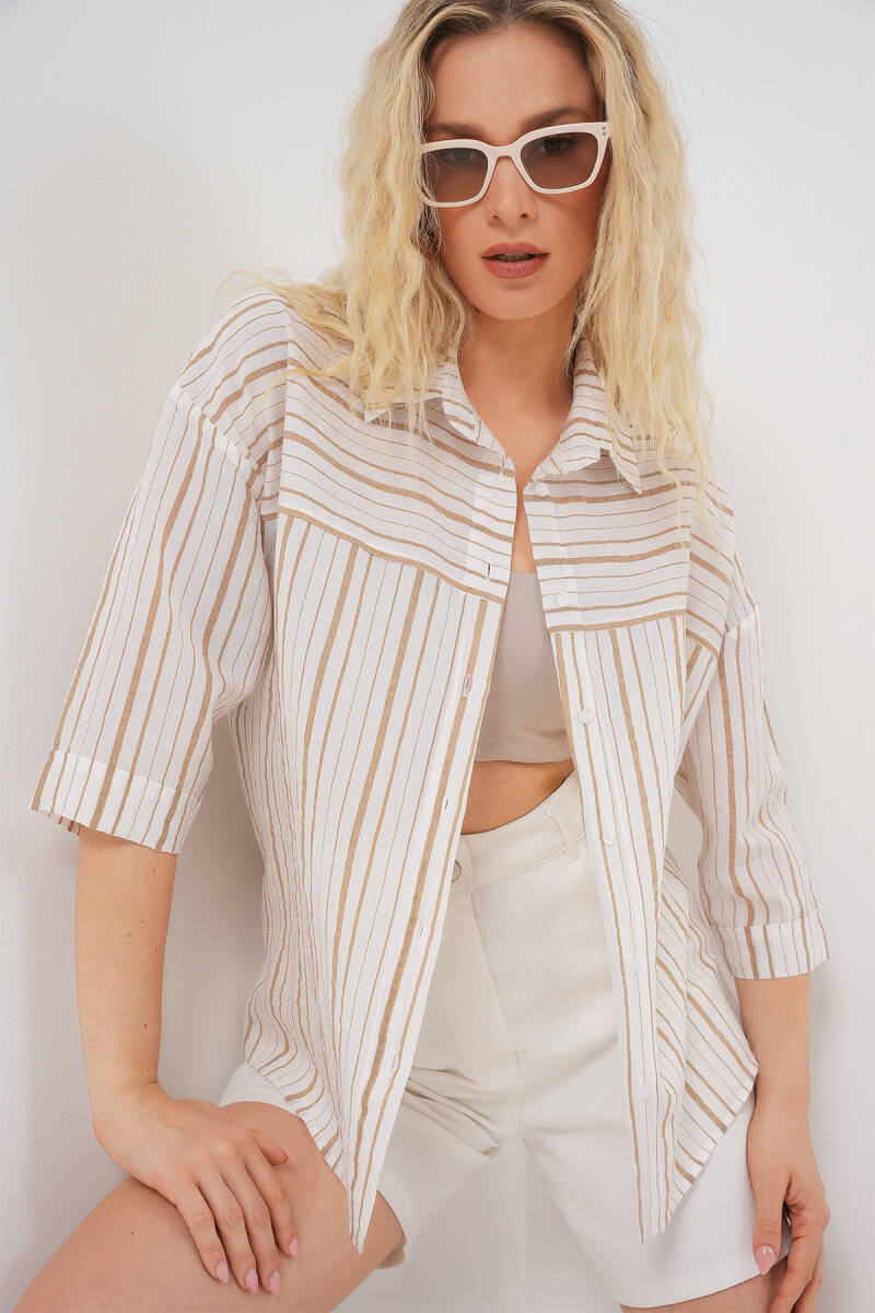 Kadın Çizgili Kısa Kol Gömlek 20344 - Krem - BİGDART